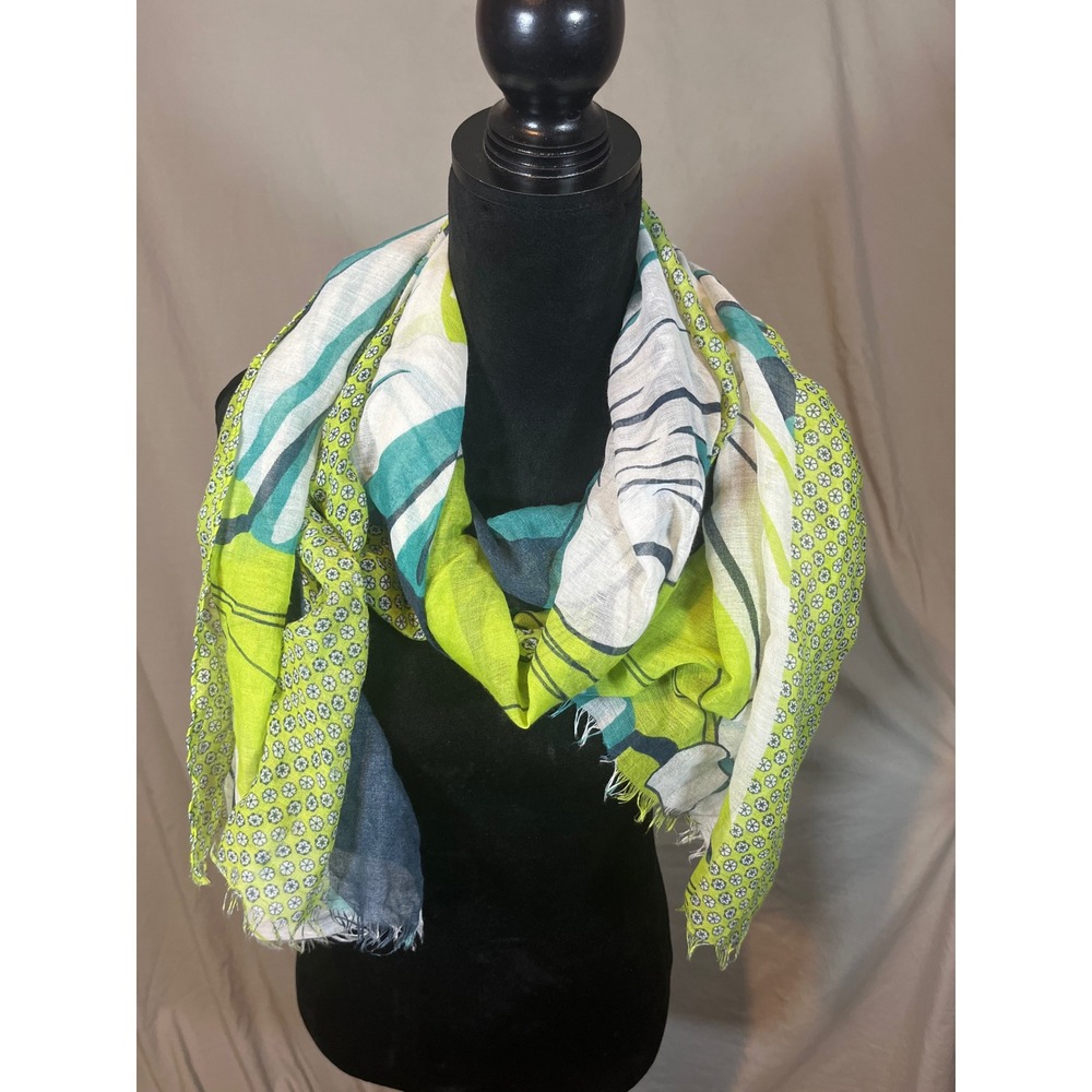 Abstract Floral Geometric Striped Scarf Lime Green Teal Blue Frayed Edge‎ Wrap